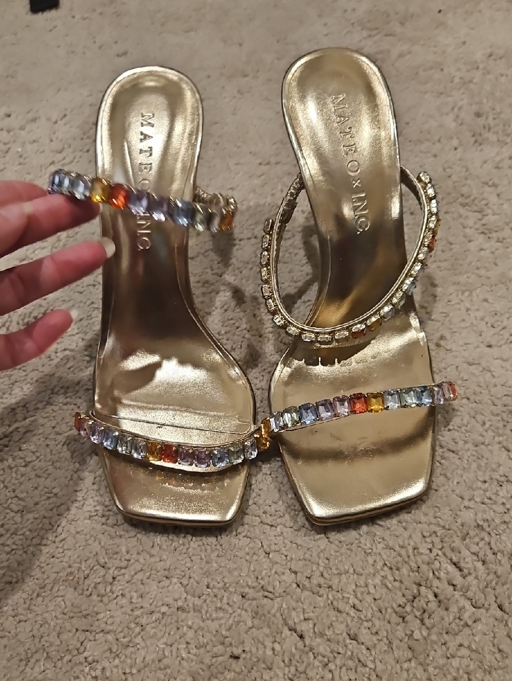 NEW INC Gold Gemstone Slide Heeled Sandals Slip On Size 8